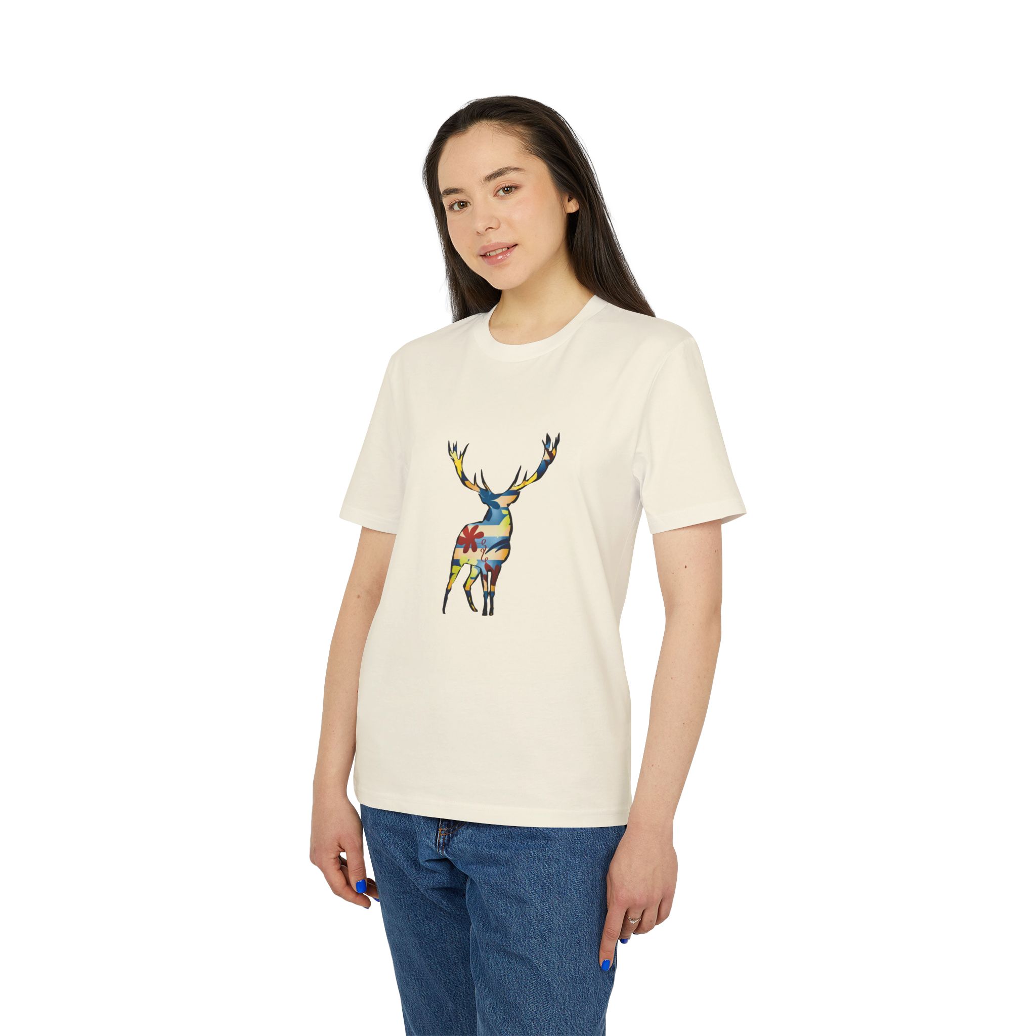 T-shirt bio unisexe cerf coloré 180g T-shirt en coton bio avec motif cerf coloré, design d’artiste suisse T-shirt bio unisexe cerf coloré 180g T-shirt en coton bio avec motif cerf coloré, design d’artiste suisse