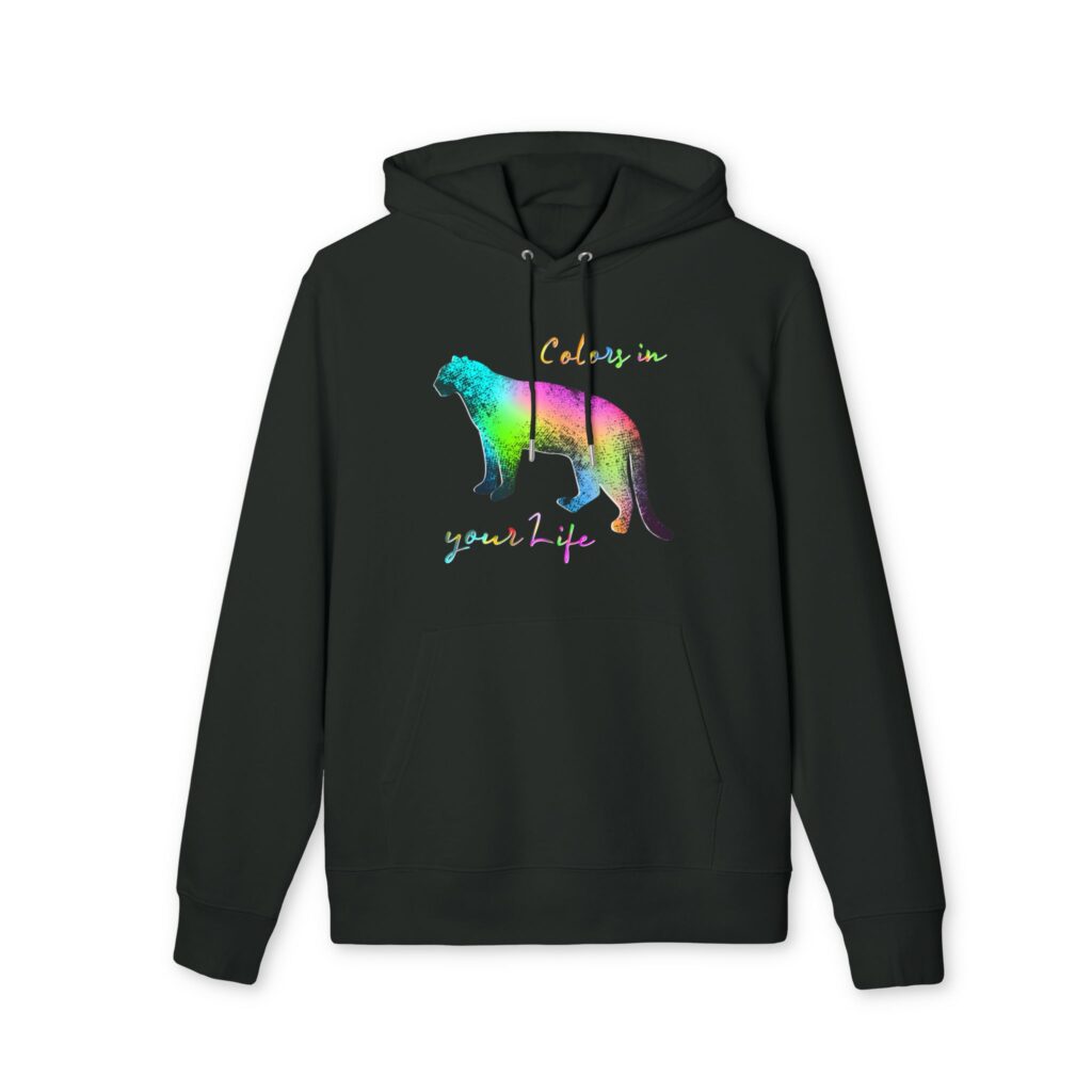 Sweat à capuche bio unisexe noir motif panthère colorée – design suisse