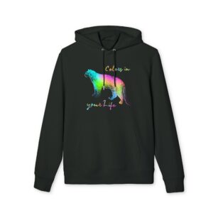 Sweat à capuche bio unisexe noir motif panthère colorée – design suisse