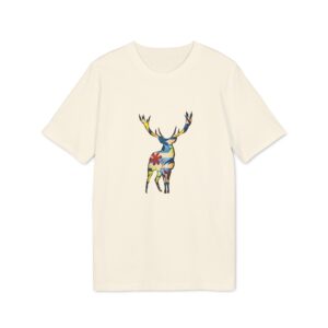 T-shirt en coton bio avec motif cerf coloré, design d’artiste suisse