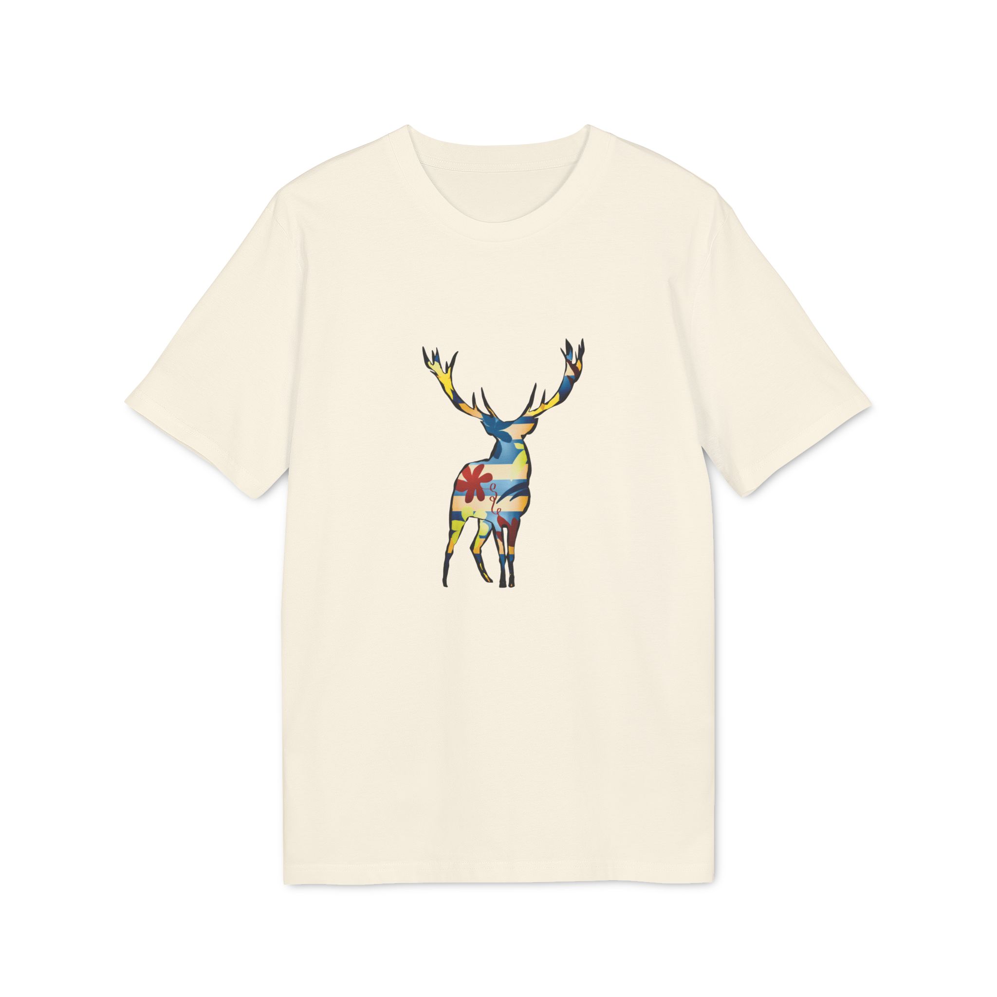T-shirt bio cerf coloré - design artiste suisse T-shirt en coton bio avec motif cerf coloré, design d’artiste suisse