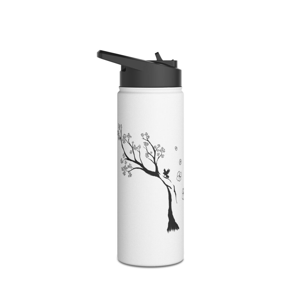 Gourde inox avec paille - Cerisier fleuri japonais noir
