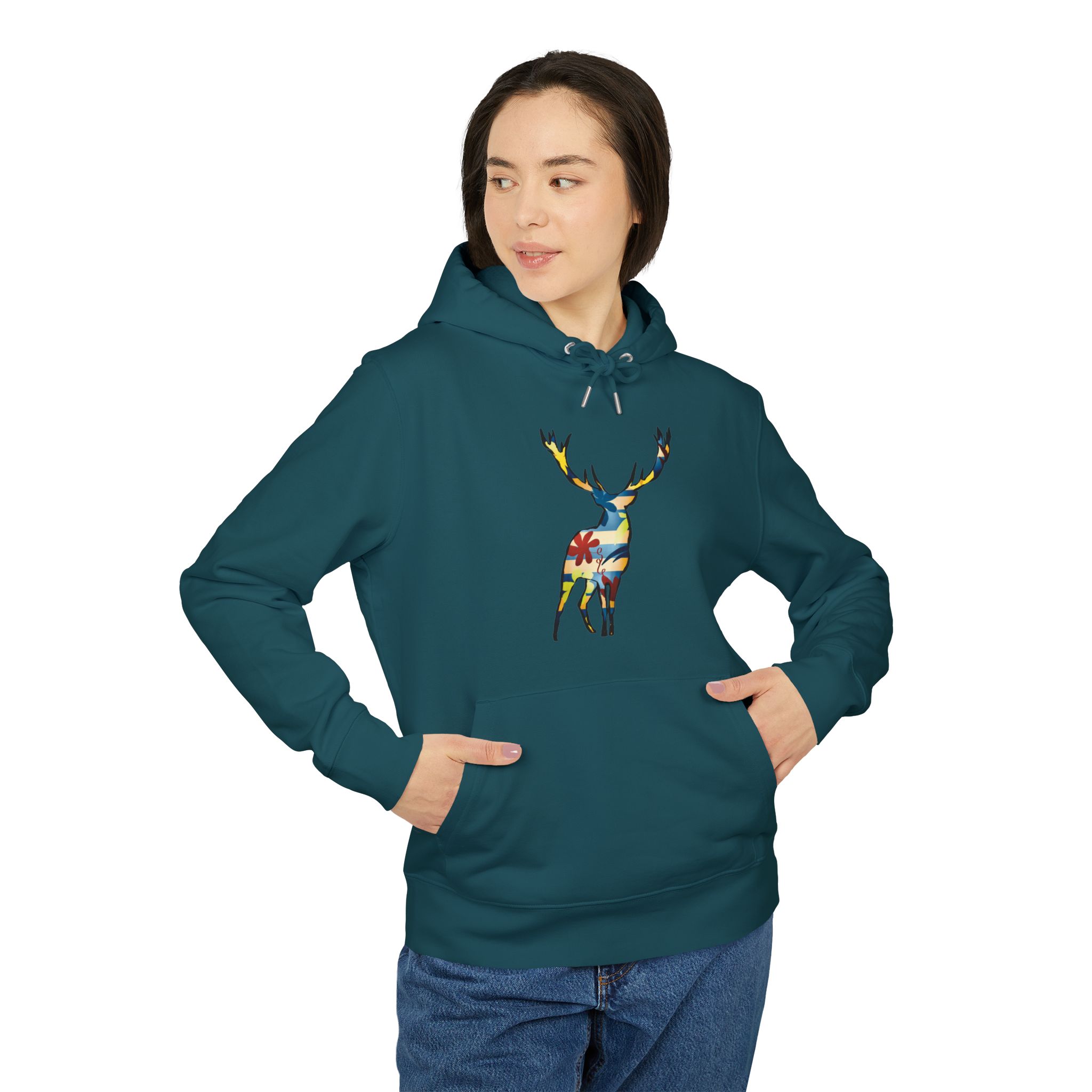 Sweat à capuche bio unisexe avec motif cerf colorée, création originale suisse – Caciome Sweat à capuche bio unisexe avec motif cerf colorée, création originale suisse – Caciome