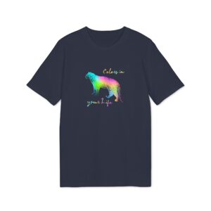 T-shirt bio bleu unisexe avec motif de panthère coloré, création originale suisse – Caciome