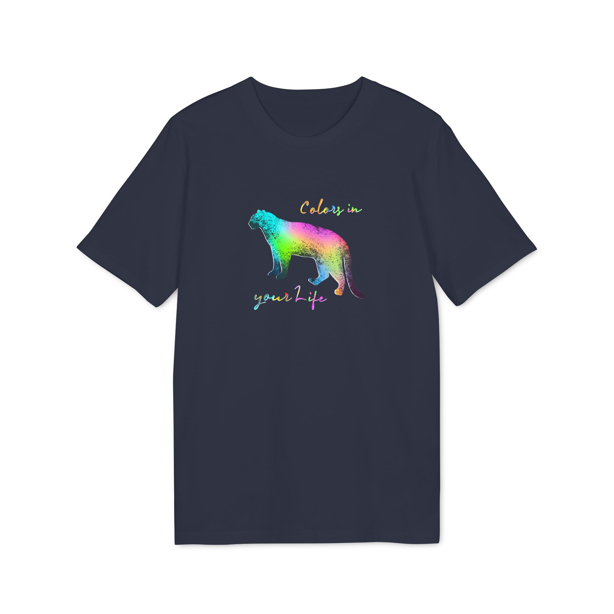 T-shirt bio unisexe avec motif de panthère coloré, création originale suisse – Caciome T-shirt bio bleu unisexe avec motif de panthère coloré, création originale suisse – Caciome