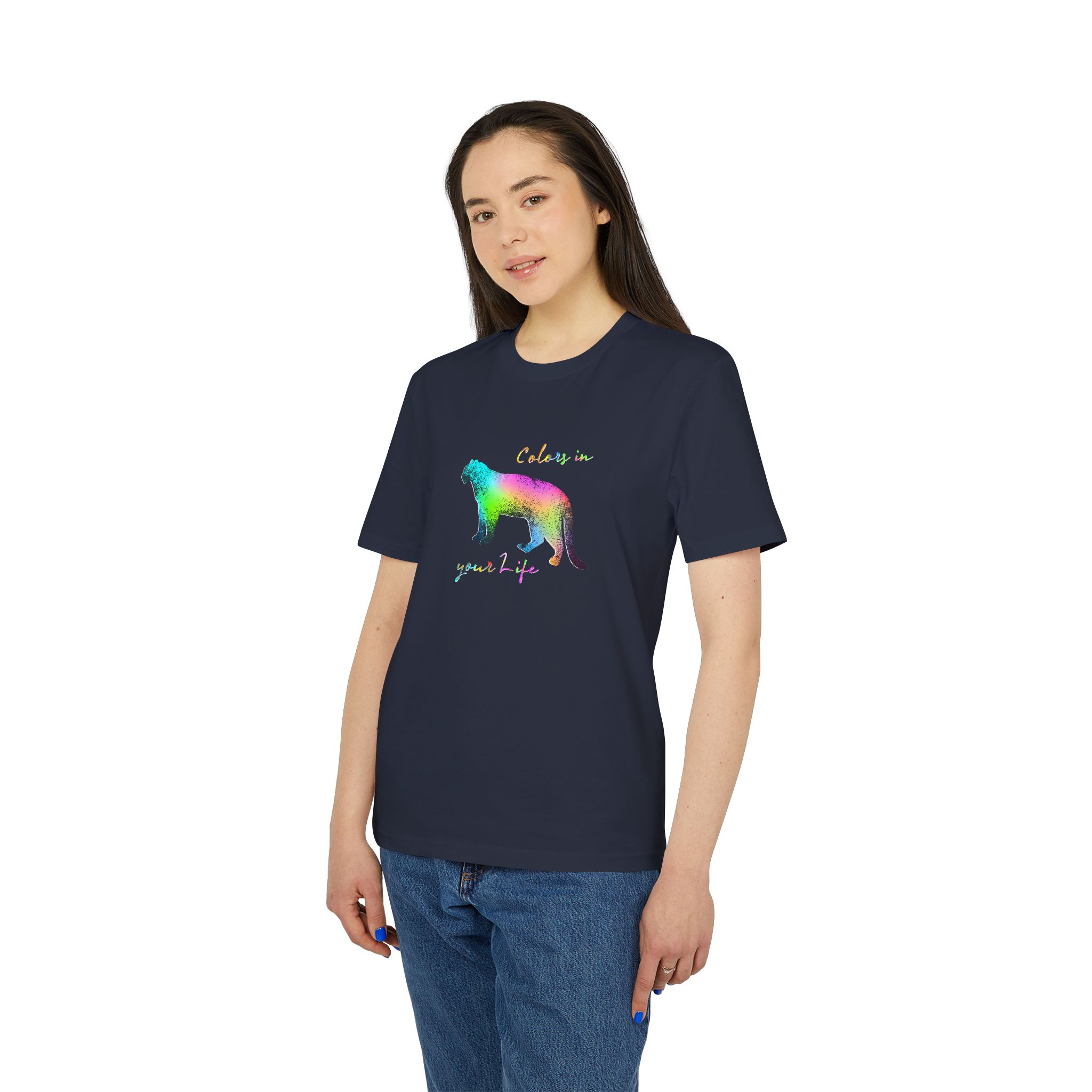 T-shirt bio unisexe avec motif de panthère coloré, création originale suisse – Caciome T-shirt bio bleu unisexe avec motif de panthère coloré, création originale suisse – Caciome