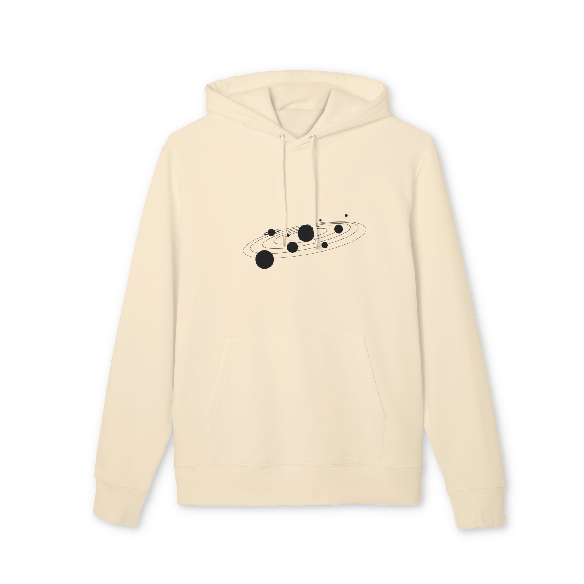 Sweat à capuche bio unisexe avec motif de planètes, création originale suisse – Caciome Sweat à capuche bio beige unisexe avec motif de planètes, création originale suisse – Caciome