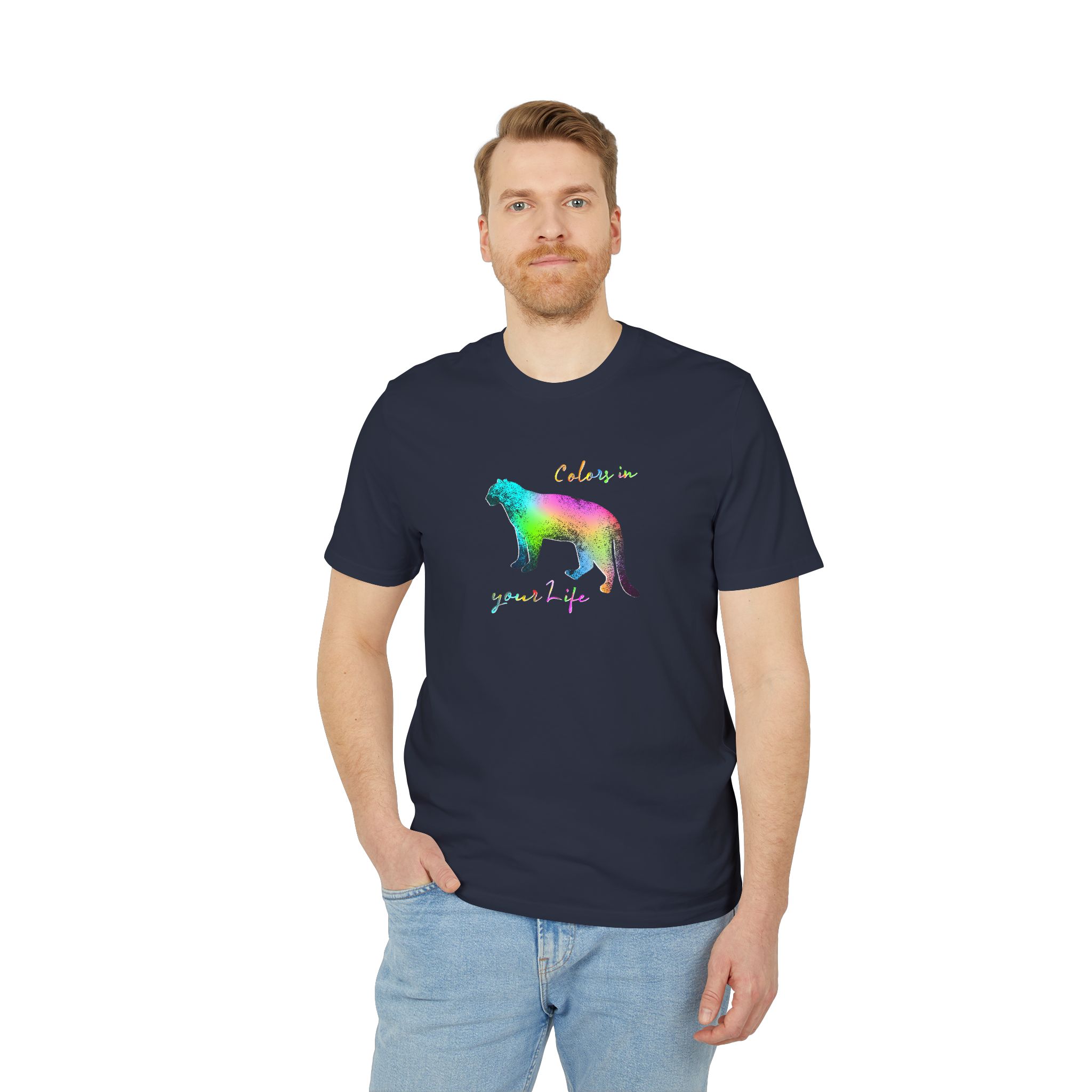 T-shirt bio unisexe avec motif de panthère coloré, création originale suisse – Caciome T-shirt bio bleu unisexe avec motif de panthère coloré, création originale suisse – Caciome