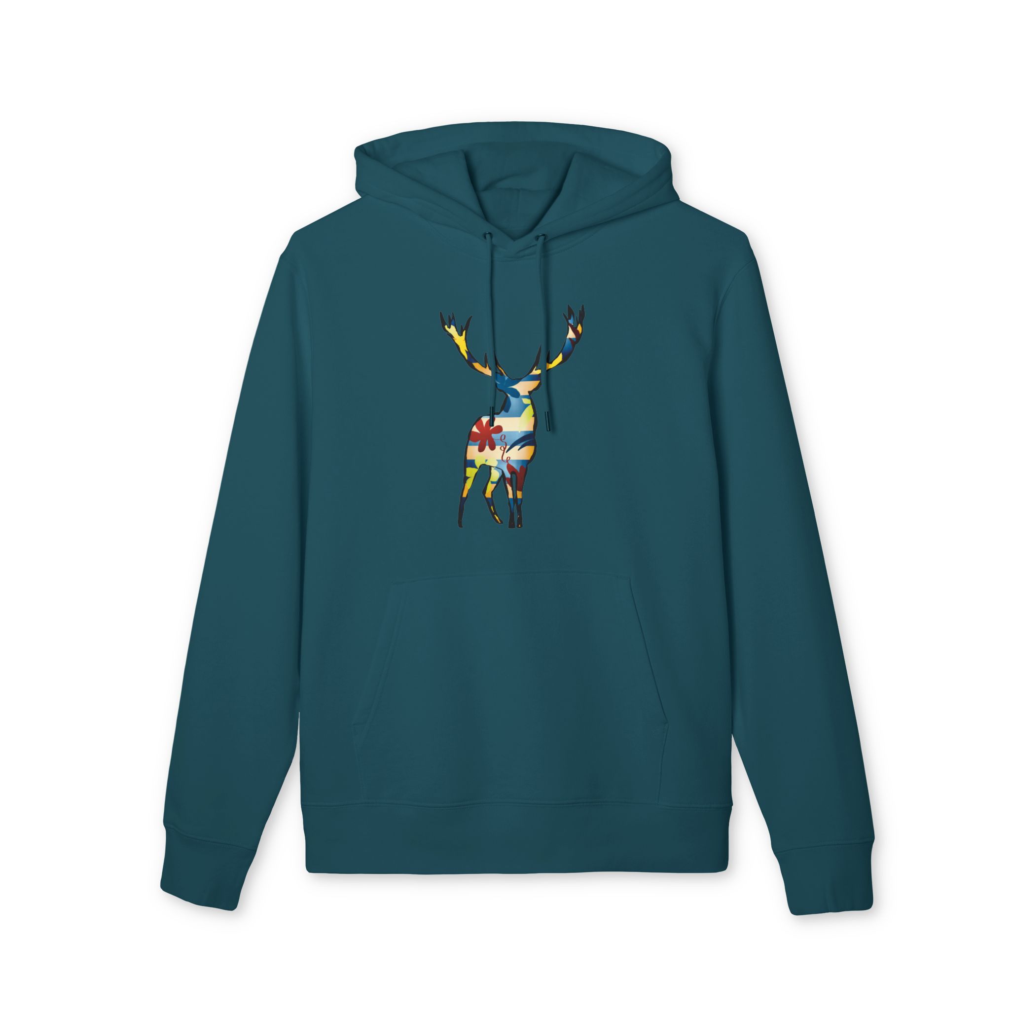 Sweat à capuche bio unisexe avec motif cerf colorée, création originale suisse – Caciome Sweat à capuche bio vert bleu unisexe avec motif cerf colorée, création originale suisse – Caciome